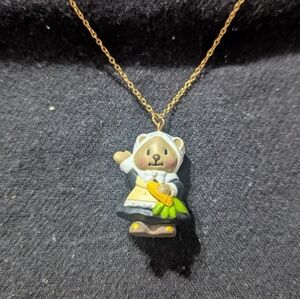 Gold Tone Pilgrim Fall Thanksgiving Bear Pendant Statement Necklace
